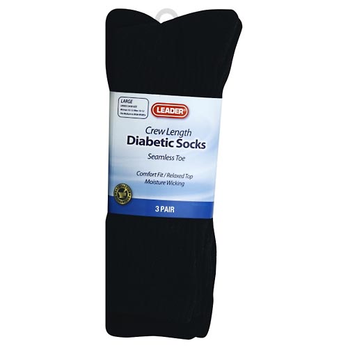 Image for Leader Diabetic Socks, Crew Length, Large,3pr from DOKIMOS EAST MAIN PHARMACY