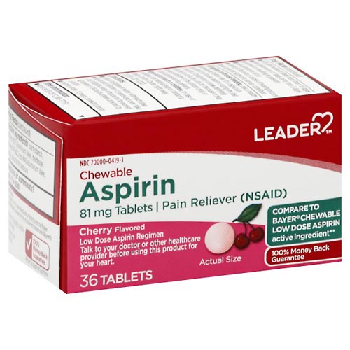 Image for Leader Aspirin, 81 mg, Chewable, Tablets, Cherry Flavored,36ea from DOKIMOS EAST MAIN PHARMACY